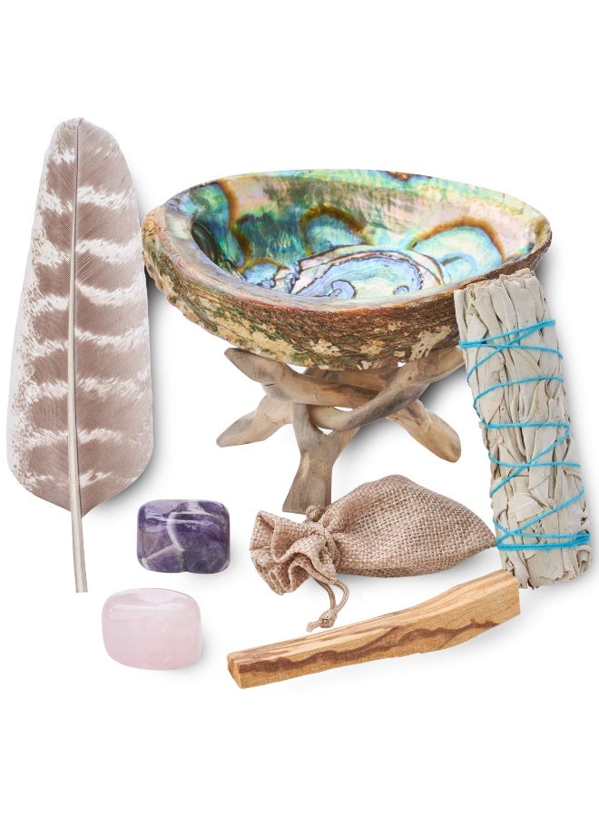 BLUE RIVER SAGE Home Cleansing & Smudging Kit with White Sage, Palo Santo, Abalone & Stand, Smudge Feather & Guide (Regular) - Image 1